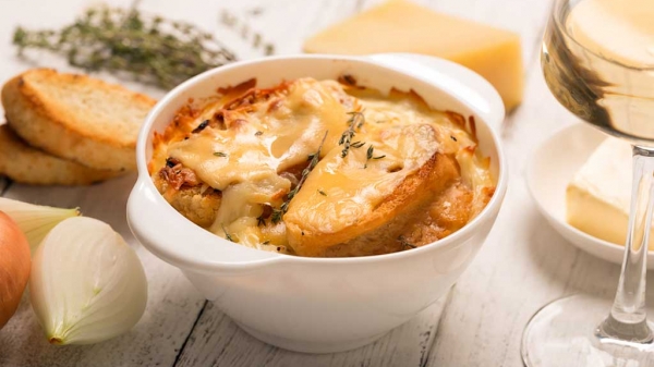 French Onion Soup with Cheese Souffle